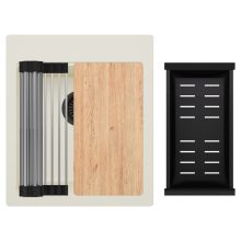 HD Infinity White 43 egymedencés gránit mosogatótálca szett, acél csepegtetőráccsal és matt fekete kosárral, tört fehér színben, matt fekete leeresztő szifonnal