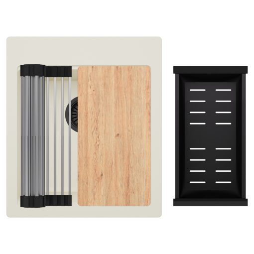 HD Infinity White 43 egymedencés gránit mosogatótálca szett, acél csepegtetőráccsal és matt fekete kosárral, tört fehér színben, matt fekete leeresztő szifonnal