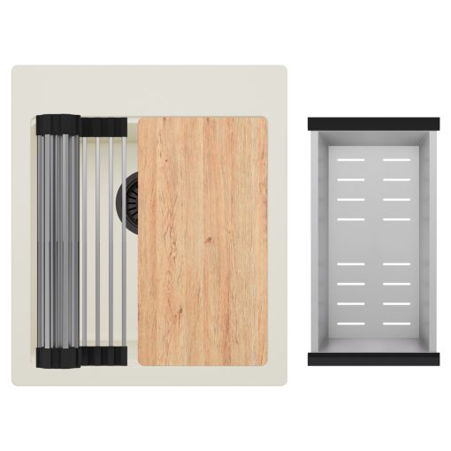 HD Infinity White 43 egymedencés gránit mosogatótálca szett, acél csepegtetőráccsal és kosárral, tört fehér színben, matt fekete leeresztő szifonnal