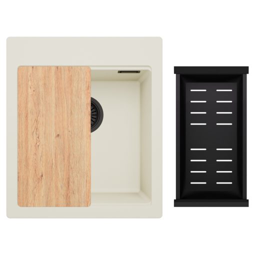 HD Infinity White 43 egymedencés gránit mosogatótálca szett, matt fekete csepegtetőkosárral, tört fehér színben, matt fekete leeresztő szifonnal