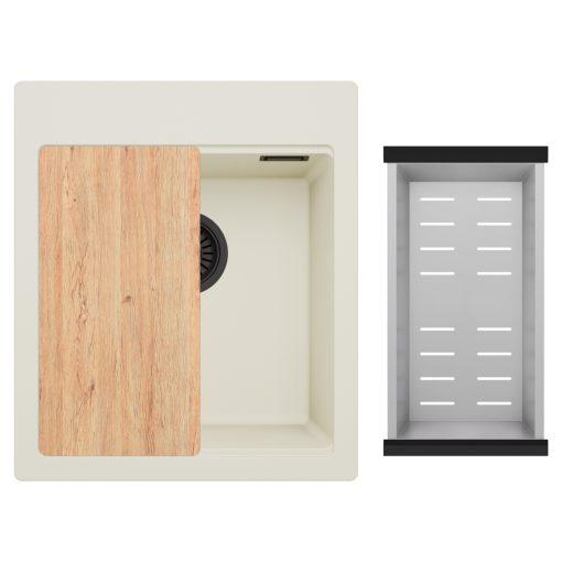 HD Infinity White 43 egymedencés gránit mosogatótálca szett, acél csepegtetőkosárral, tört fehér színben, matt fekete leeresztő szifonnal