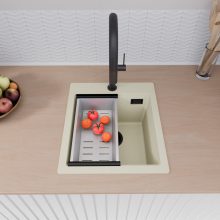 HD Infinity White 43 egymedencés gránit mosogatótálca szett, acél csepegtetőkosárral, tört fehér színben, matt fekete leeresztő szifonnal