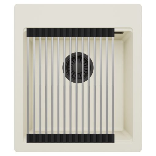 HD Infinity White 43 egymedencés gránit mosogatótálca szett, acél csepegtetőráccsal, tört fehér színben, matt fekete leeresztő szifonnal