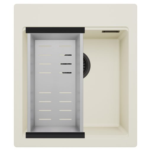 HD Infinity White 43 egymedencés gránit mosogatótálca szett, acél csepegtetőkosárral, tört fehér színben, matt fekete leeresztő szifonnal