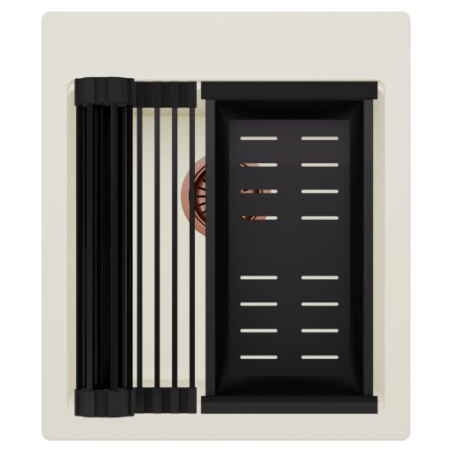 HD Infinity White 43 egymedencés gránit mosogatótálca szett, matt fekete csepegtetőráccsal és kosárral, tört fehér színben, szálcsiszolt réz leeresztő szifonnal