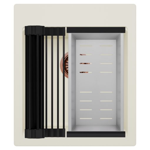 HD Infinity White 43 egymedencés gránit mosogatótálca szett, matt fekete csepegtetőráccsal és krómozott kosárral, tört fehér színben, szálcsiszolt réz leeresztő szifonnal