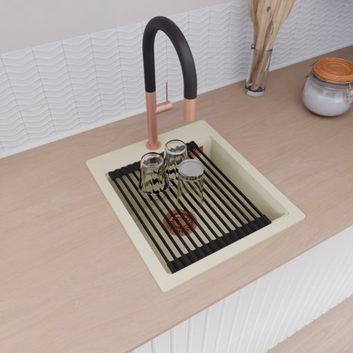 HD Infinity White 43 egymedencés gránit mosogatótálca szett, matt fekete csepegtetőráccsal és krómozott kosárral, tört fehér színben, szálcsiszolt réz leeresztő szifonnal