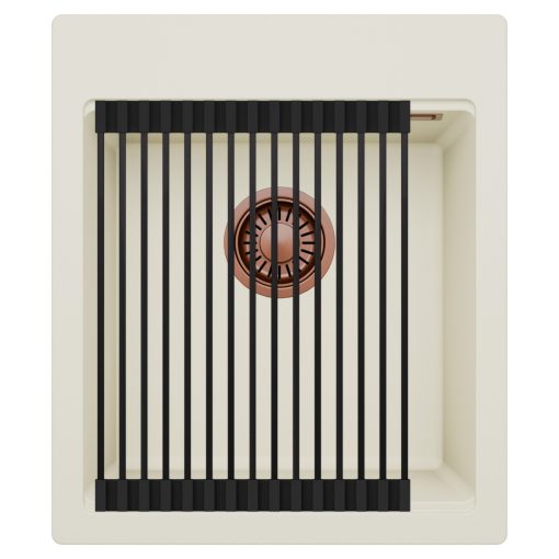 HD Infinity White 43 egymedencés gránit mosogatótálca szett, matt fekete csepegtetőráccsal, tört fehér színben, szálcsiszolt réz leeresztő szifonnal