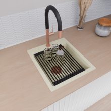 HD Infinity White 43 egymedencés gránit mosogatótálca szett, matt fekete csepegtetőráccsal, tört fehér színben, szálcsiszolt réz leeresztő szifonnal