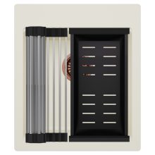 HD Infinity White 43 egymedencés gránit mosogatótálca szett, acél csepegtetőráccsal és matt fekete kosárral, tört fehér színben, szálcsiszolt réz leeresztő szifonnal