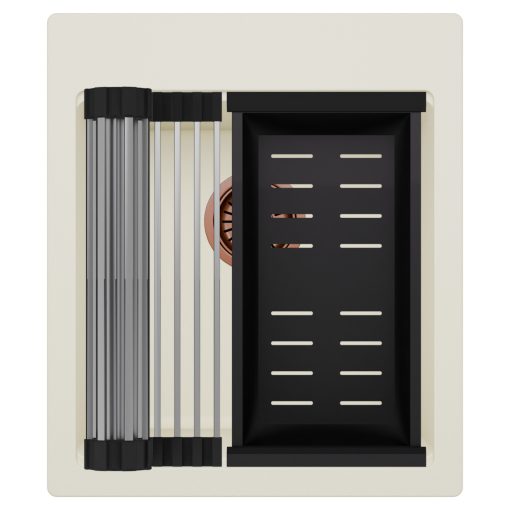 HD Infinity White 43 egymedencés gránit mosogatótálca szett, acél csepegtetőráccsal és matt fekete kosárral, tört fehér színben, szálcsiszolt réz leeresztő szifonnal