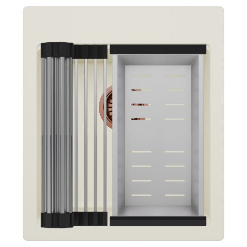 HD Infinity White 43 egymedencés gránit mosogatótálca szett, acél csepegtetőráccsal és kosárral, tört fehér színben, szálcsiszolt réz leeresztő szifonnal