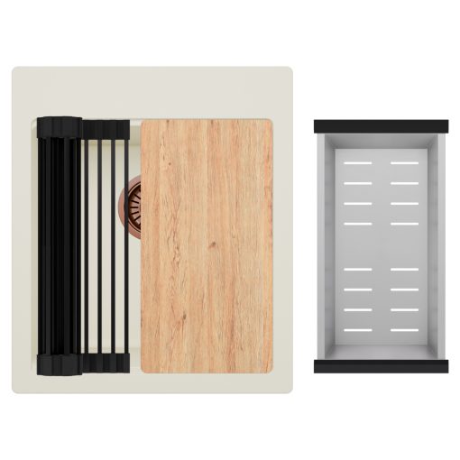 HD Infinity White 43 egymedencés gránit mosogatótálca szett, matt fekete csepegtetőráccsal és krómozott kosárral, tört fehér színben, szálcsiszolt réz leeresztő szifonnal