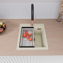 HD Infinity White 43 egymedencés gránit mosogatótálca szett, matt fekete csepegtetőráccsal és krómozott kosárral, tört fehér színben, szálcsiszolt réz leeresztő szifonnal