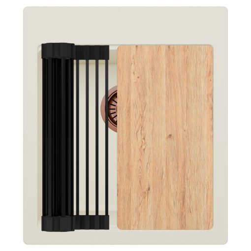 HD Infinity White 43 egymedencés gránit mosogatótálca szett, vágódeszkával, matt fekete csepegtetőráccsal, tört fehér színben, szálcsiszolt réz leeresztő szifonnal