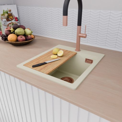 HD Infinity White 43 egymedencés gránit mosogatótálca szett, vágódeszkával, matt fekete csepegtetőráccsal, tört fehér színben, szálcsiszolt réz leeresztő szifonnal