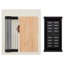 HD Infinity White 43 egymedencés gránit mosogatótálca szett, vágódeszkával, acél csepegtetőráccsal és matt fekete kosárral, tört fehér színben, szálcsiszolt réz leeresztő szifonnal