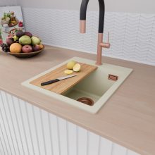 HD Infinity White 43 egymedencés gránit mosogatótálca szett, vágódeszkával, acél csepegtetőráccsal és kosárral, tört fehér színben, szálcsiszolt réz leeresztő szifonnal