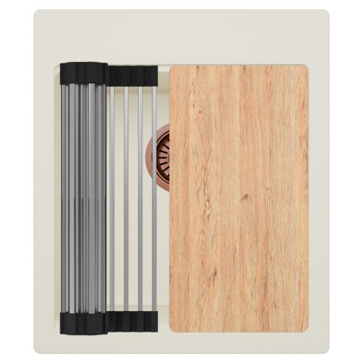 HD Infinity White 43 egymedencés gránit mosogatótálca szett, vágódeszkával, acél csepegtetőráccsal, tört fehér színben, szálcsiszolt réz leeresztő szifonnal