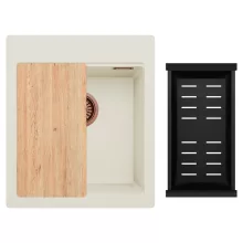 HD Infinity White 43 egymedencés gránit mosogatótálca szett, vágódeszkával, matt fekete csepegtetőkosárral, tört fehér színben, szálcsiszolt réz leeresztő szifonnal