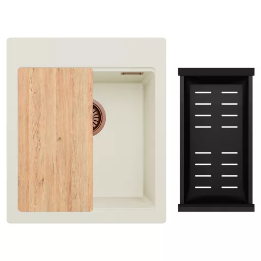 HD Infinity White 43 egymedencés gránit mosogatótálca szett, vágódeszkával, matt fekete csepegtetőkosárral, tört fehér színben, szálcsiszolt réz leeresztő szifonnal