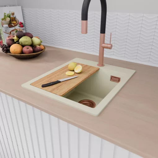 HD Infinity White 43 egymedencés gránit mosogatótálca szett, vágódeszkával, matt fekete csepegtetőkosárral, tört fehér színben, szálcsiszolt réz leeresztő szifonnal