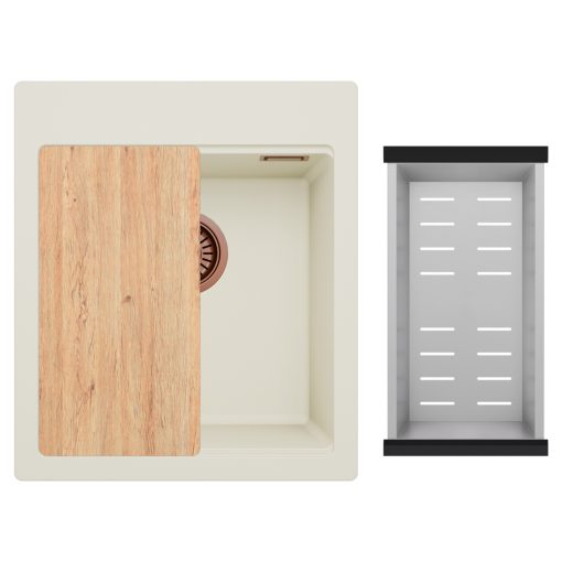 HD Infinity White 43 egymedencés gránit mosogatótálca szett, vágódeszkával, acél csepegtetőkosárral, tört fehér színben, szálcsiszolt réz leeresztő szifonnal