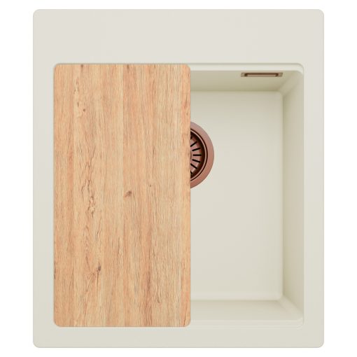 HD Infinity White 43 egymedencés gránit mosogatótálca, vágódeszkával, tört fehér színben, szálcsiszolt réz leeresztő szifonnal