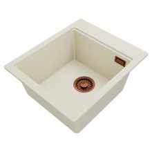 HD Infinity White 43 egymedencés gránit mosogatótálca, vágódeszkával, tört fehér színben, szálcsiszolt réz leeresztő szifonnal