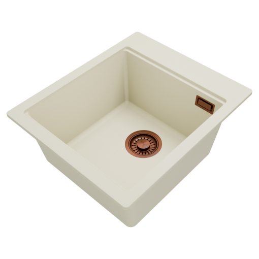 HD Infinity White 43 egymedencés gránit mosogatótálca, vágódeszkával, tört fehér színben, szálcsiszolt réz leeresztő szifonnal