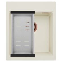 HD Infinity White 43 egymedencés gránit mosogatótálca szett, acél csepegtetőkosárral, tört fehér színben, szálcsiszolt réz leeresztő szifonnal