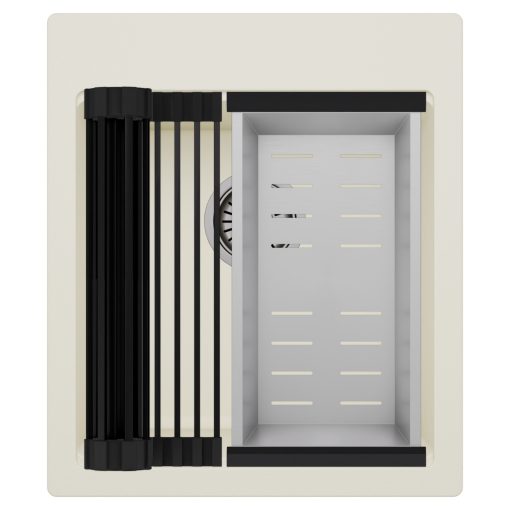 HD Infinity White 43 egymedencés gránit mosogatótálca szett, matt fekete csepegtetőráccsal és krómozott kosárral, tört fehér színben