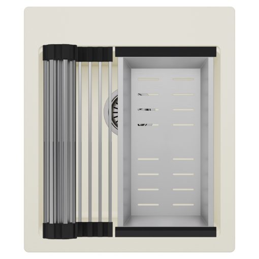 HD Infinity White 43 egymedencés gránit mosogatótálca szett, acél csepegtetőráccsal és kosárral, tört fehér színben