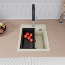 HD Infinity White 43 egymedencés gránit mosogatótálca szett, acél csepegtetőráccsal és matt fekete kosárral, tört fehér színben