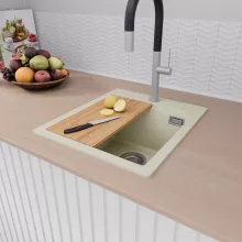 HD Infinity White 43 egymedencés gránit mosogatótálca szett, vágódeszkával, acél csepegtetőráccsal és kosárral, tört fehér színben