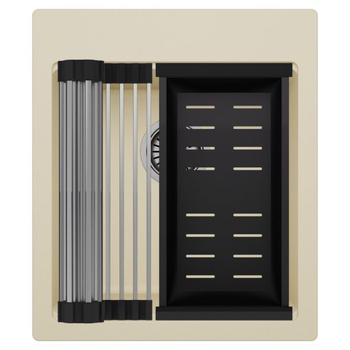 HD Infinity Beige 43 egymedencés gránit mosogatótálca szett, acél csepegtetőráccsal és matt fekete kosárral, soft bézs színben, szálcsiszolt króm leeresztő szifonnal