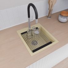 HD Infinity Beige 43 egymedencés gránit mosogatótálca szett, acél csepegtetőráccsal és matt fekete kosárral, soft bézs színben, szálcsiszolt króm leeresztő szifonnal