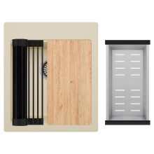 HD Infinity Beige 43 egymedencés gránit mosogatótálca szett, vágódeszkával, matt fekete csepegtetőráccsal és krómozott kosárral, soft bézs színben, szálcsiszolt króm leeresztő szifonnal