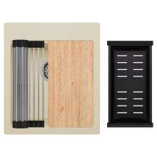 HD Infinity Beige 43 egymedencés gránit mosogatótálca szett, vágódeszkával, acél csepegtetőráccsal és matt fekete kosárral, soft bézs színben, szálcsiszolt króm leeresztő szifonnal