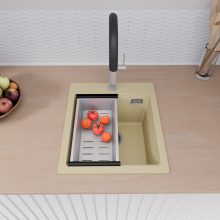 HD Infinity Beige 43 egymedencés gránit mosogatótálca szett, vágódeszkával, acél csepegtetőráccsal és kosárral, soft bézs színben, szálcsiszolt króm leeresztő szifonnal