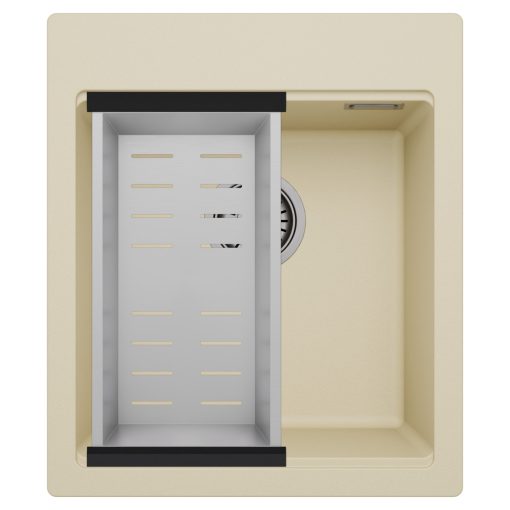 HD Infinity Beige 43 egymedencés gránit mosogatótálca szett, acél csepegtetőkosárral, soft bézs színben, szálcsiszolt króm leeresztő szifonnal