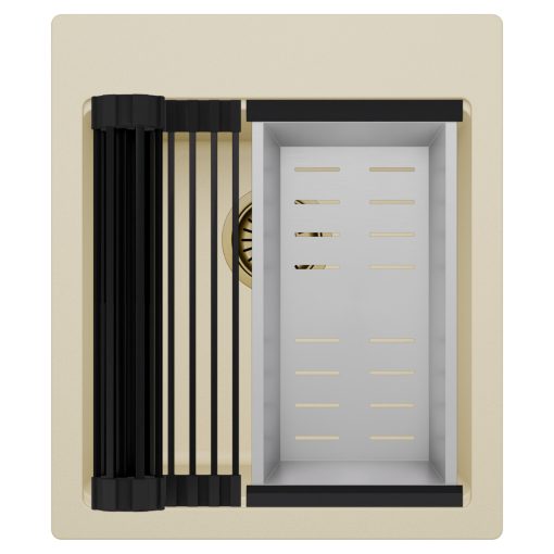 HD Infinity Beige 43 egymedencés gránit mosogatótálca szett, matt fekete csepegtetőráccsal és krómozott kosárral, soft bézs színben, szálcsiszolt arany leeresztő szifonnal