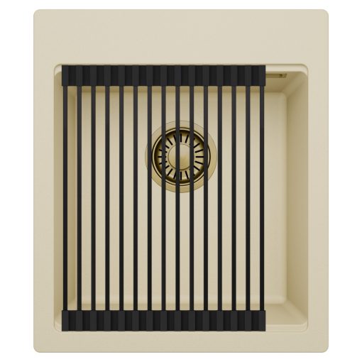 HD Infinity Beige 43 egymedencés gránit mosogatótálca szett, matt fekete csepegtetőráccsal, soft bézs színben, szálcsiszolt arany leeresztő szifonnal