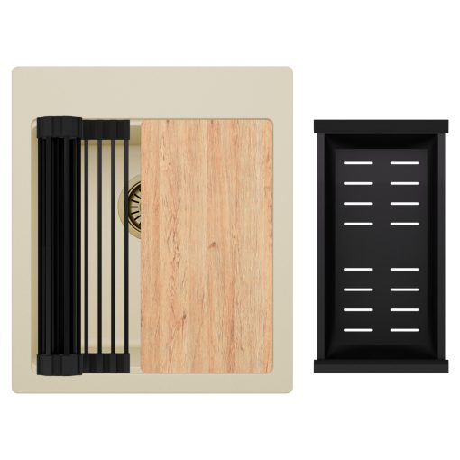 HD Infinity Beige 43 egymedencés gránit mosogatótálca szett, vágódeszkával, matt fekete csepegtetőráccsal és kosárral, soft bézs színben, szálcsiszolt arany leeresztő szifonnal