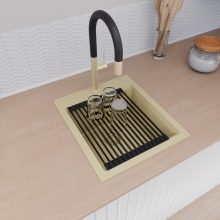 HD Infinity Beige 43 egymedencés gránit mosogatótálca szett, vágódeszkával, matt fekete csepegtetőráccsal és kosárral, soft bézs színben, szálcsiszolt arany leeresztő szifonnal