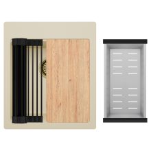 HD Infinity Beige 43 egymedencés gránit mosogatótálca szett, vágódeszkával, matt fekete csepegtetőráccsal és krómozott kosárral, soft bézs színben, szálcsiszolt arany leeresztő szifonnal