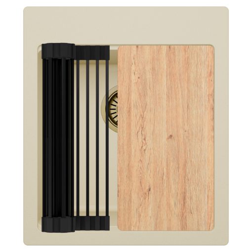 HD Infinity Beige 43 egymedencés gránit mosogatótálca szett, vágódeszkával, matt fekete csepegtetőráccsal, soft bézs színben, szálcsiszolt arany leeresztő szifonnal