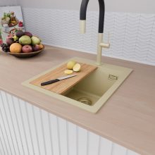 HD Infinity Beige 43 egymedencés gránit mosogatótálca szett, vágódeszkával, matt fekete csepegtetőráccsal, soft bézs színben, szálcsiszolt arany leeresztő szifonnal