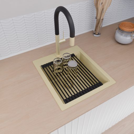 HD Infinity Beige 43 egymedencés gránit mosogatótálca szett, vágódeszkával, matt fekete csepegtetőráccsal, soft bézs színben, szálcsiszolt arany leeresztő szifonnal