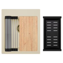 HD Infinity Beige 43 egymedencés gránit mosogatótálca szett, vágódeszkával, acél csepegtetőráccsal és matt fekete kosárral, soft bézs színben, szálcsiszolt arany leeresztő szifonnal